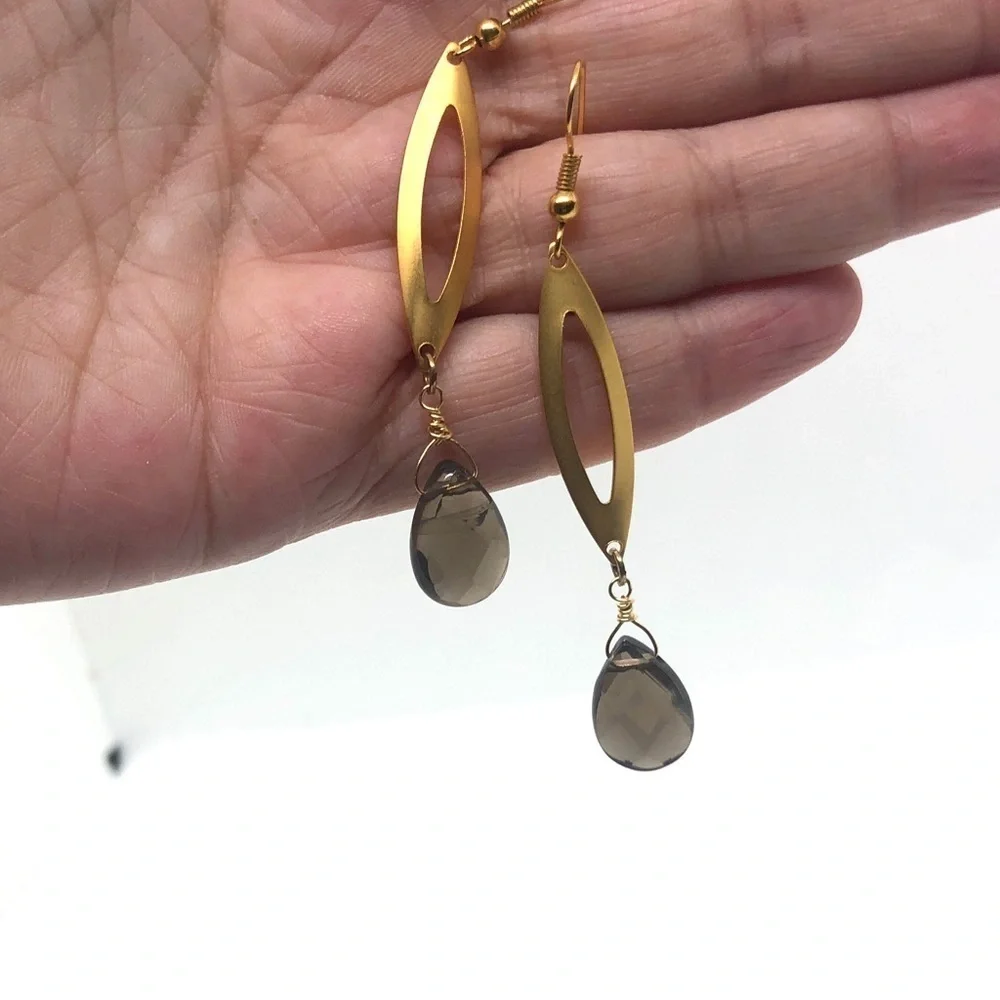 Matte Gold and Smokey Quartz Faceted Teardrop Earrings